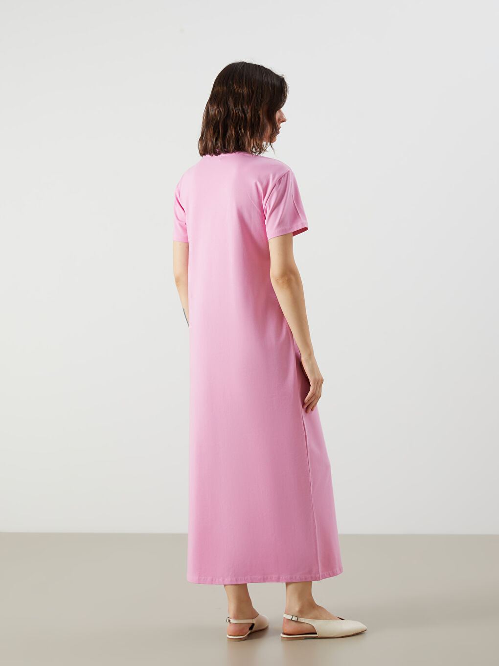 Pembe Bisiklet Yaka Yırtmaçlı Elbise-3