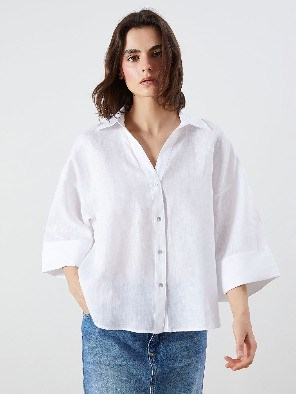 LCW Vision Oversize 100% Linen Women's Shirt -S5QJ57Z8-FFB