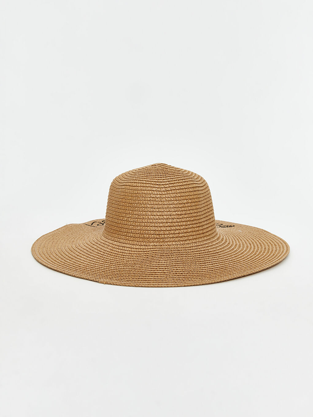 Bej Yazı Nakışlı Kadın Hasır Şapka-1