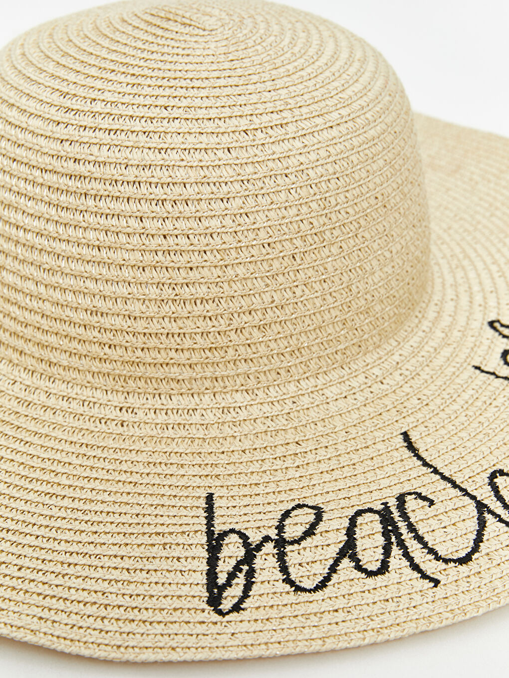 Bej Yazı Nakışlı Kadın Hasır Şapka-2