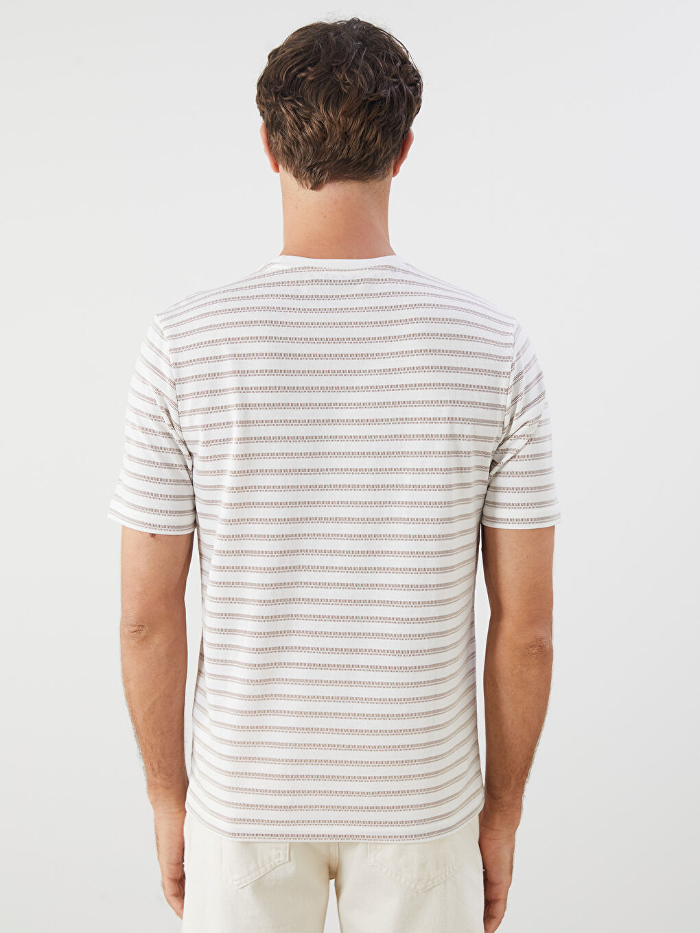 Bej Bisiklet Yaka Çizgili Erkek Tişört-3