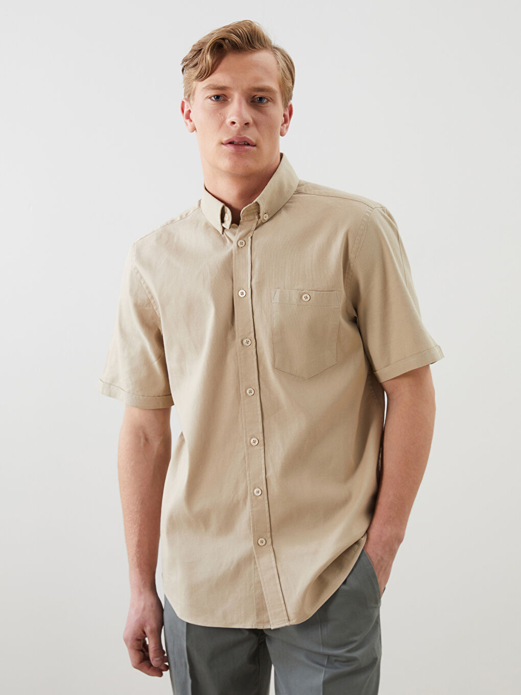 Bej Regular Fit Poplin Erkek Gömlek