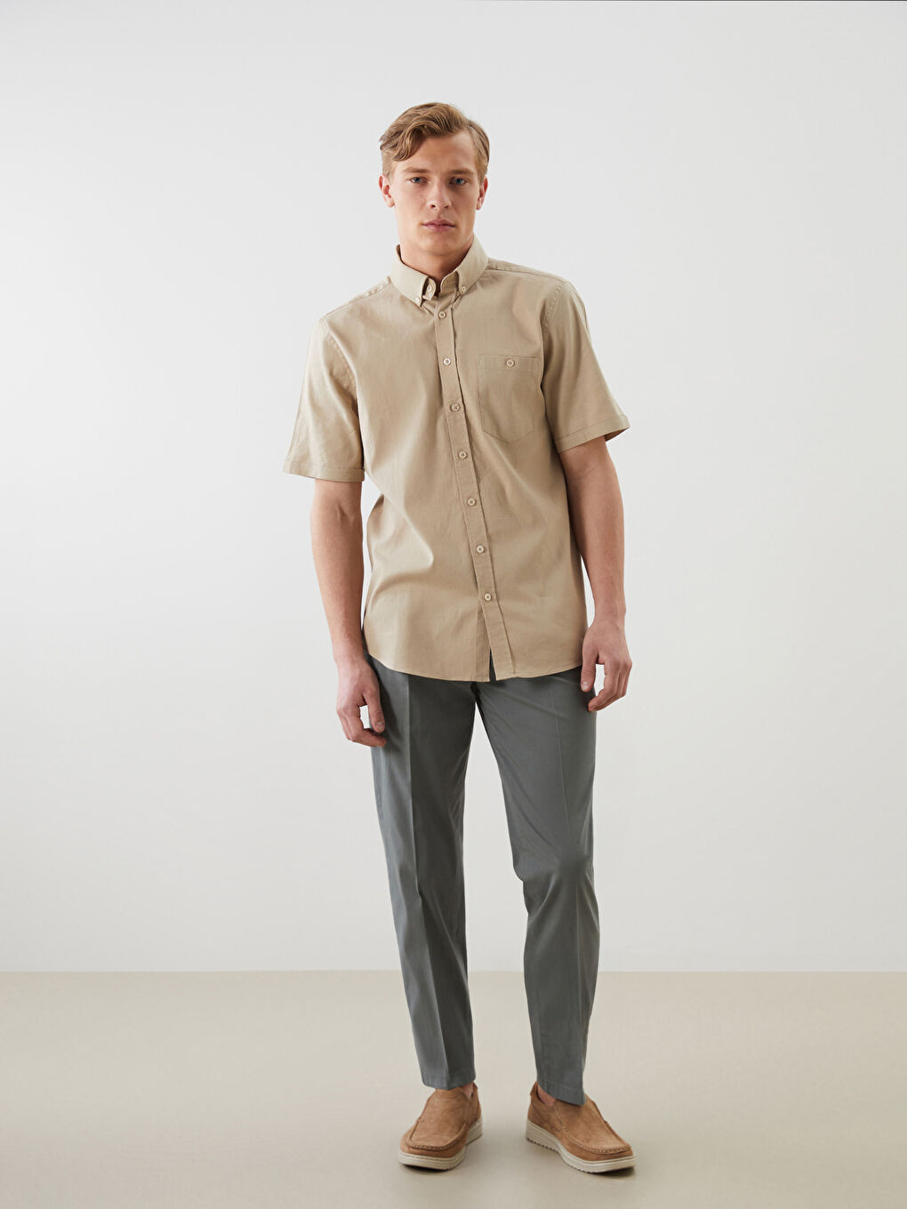 Bej Regular Fit Poplin Erkek Gömlek-3