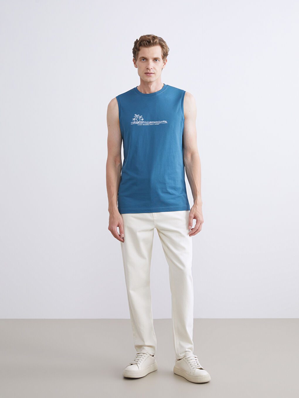 Petrol Bisiklet Yaka Baskılı Erkek Kolsuz Tişört-1