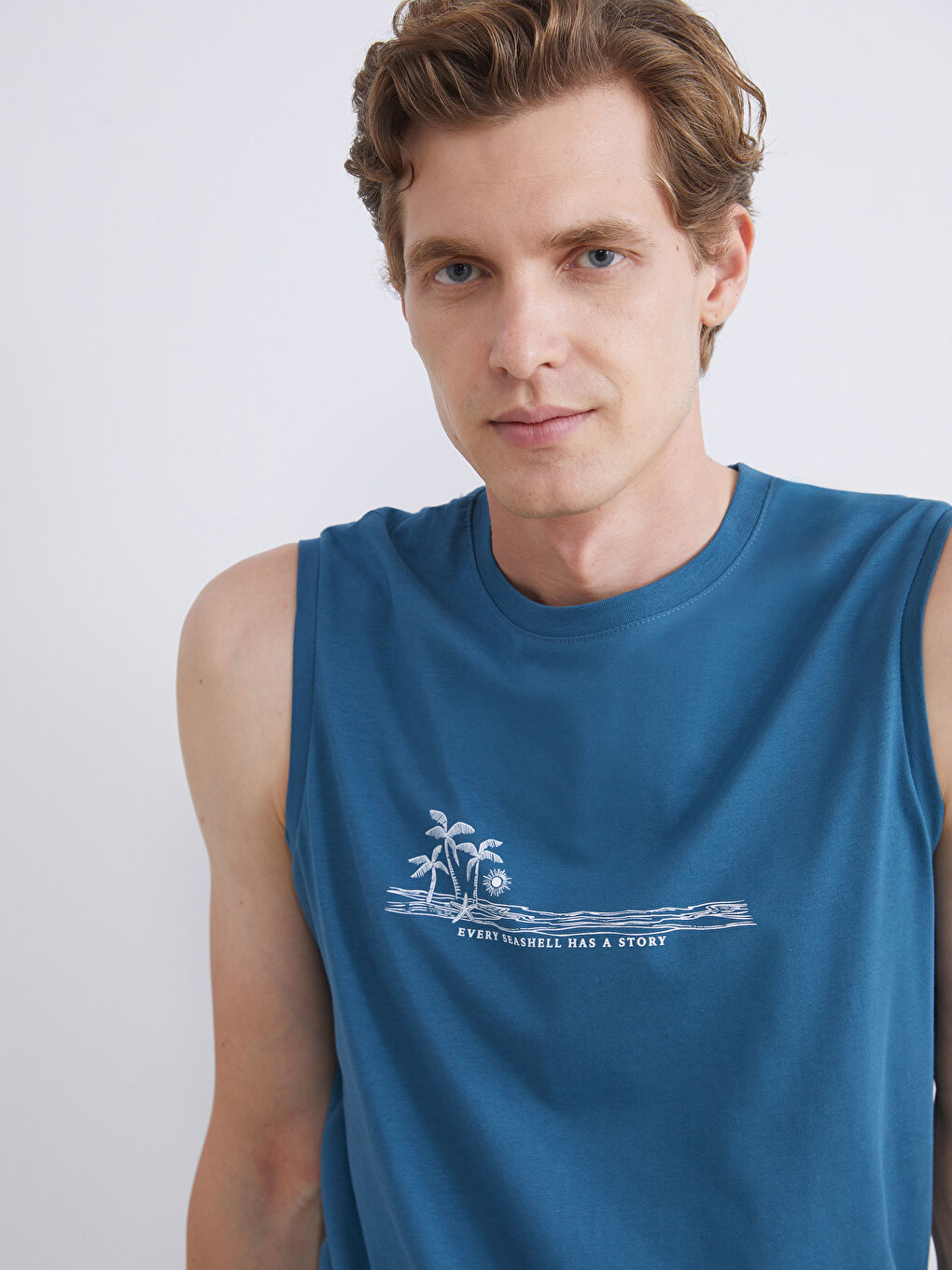 Petrol Bisiklet Yaka Baskılı Erkek Kolsuz Tişört-2