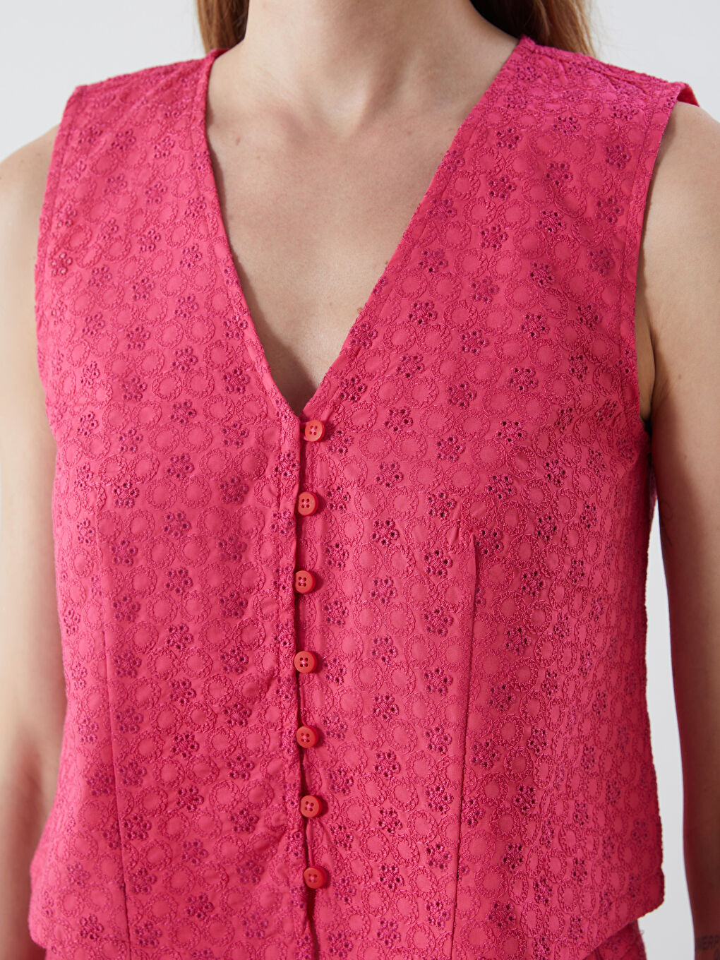 Fuşya V Yaka Ajurlu Kadın Yelek-2