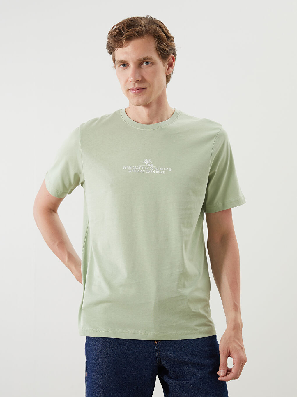 Yeşil Bisiklet Yaka Baskılı Penye Erkek Tişört