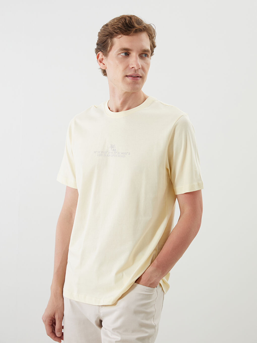 Bej Bisiklet Yaka Baskılı Penye Erkek Tişört