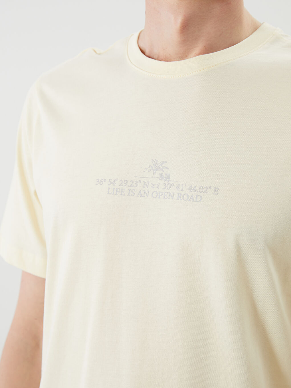 Bej Bisiklet Yaka Baskılı Penye Erkek Tişört-2