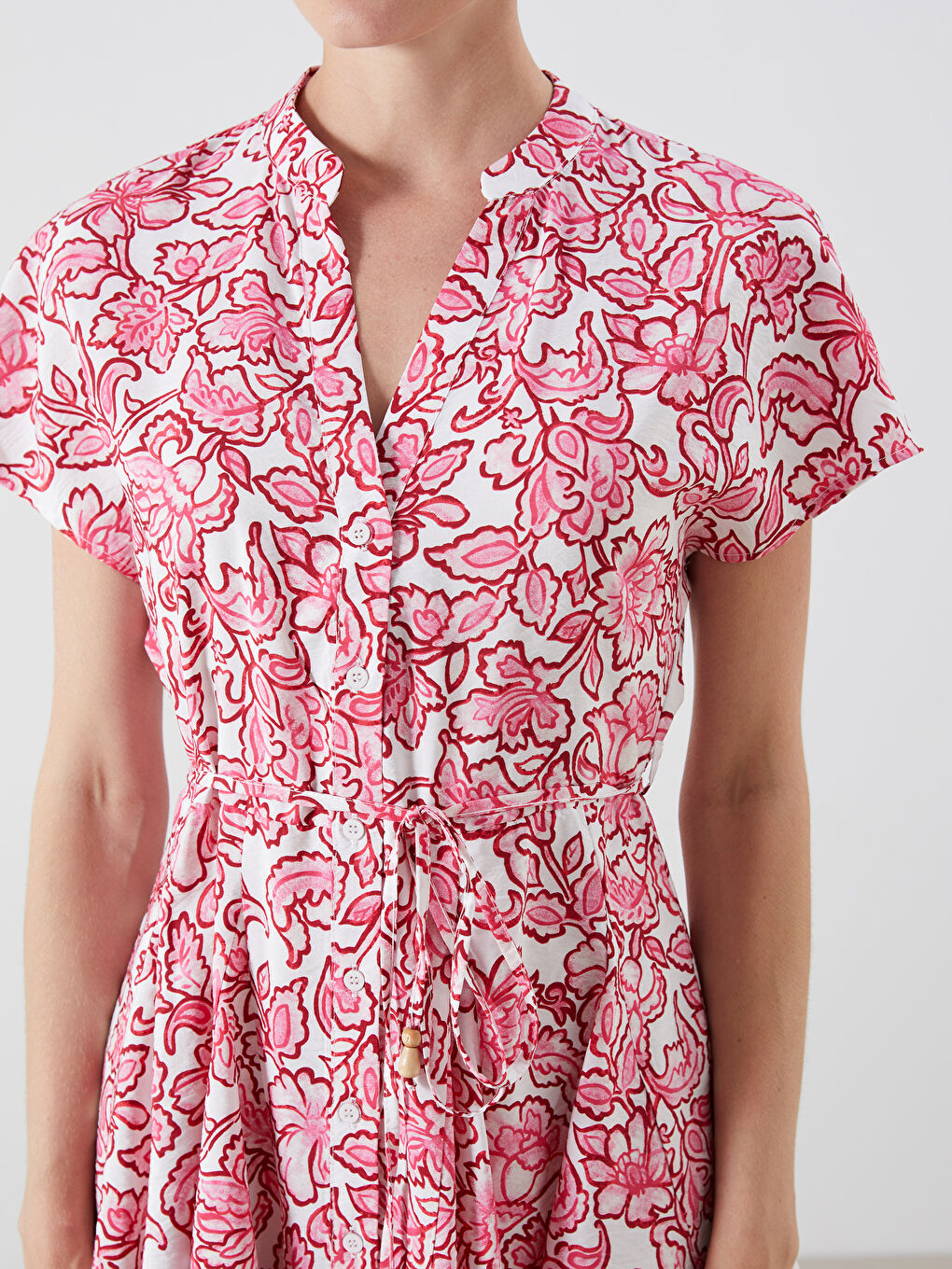 Pembe Kaçık Yaka Çiçekli Pileli Elbise-2