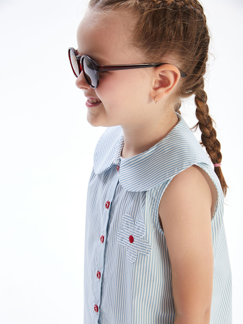 Mavi Bebe Yaka Çiçekli Çizgili Kız Çocuk Gömlek-1