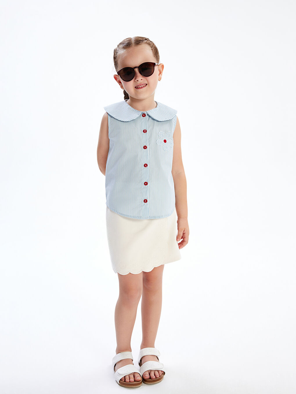 Mavi Bebe Yaka Çiçekli Çizgili Kız Çocuk Gömlek