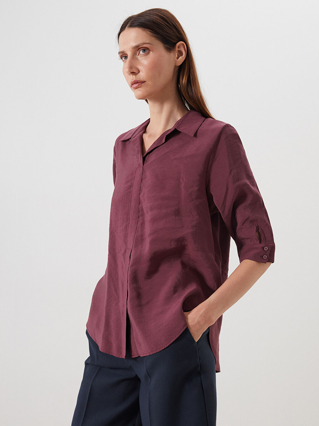 Bordo Gömlek Yaka Modal Karışımlı Bluz