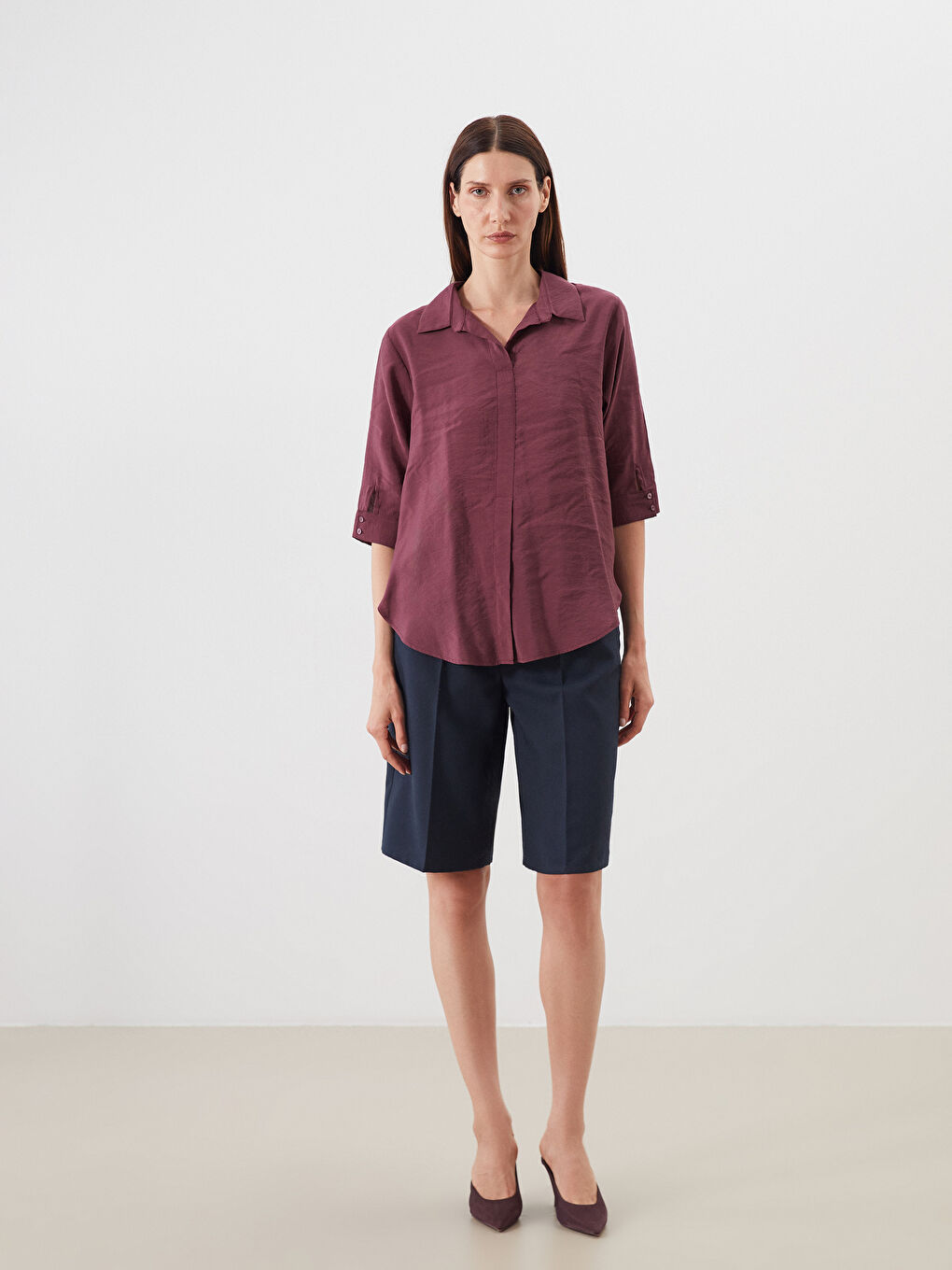 Bordo Gömlek Yaka Modal Karışımlı Bluz-1