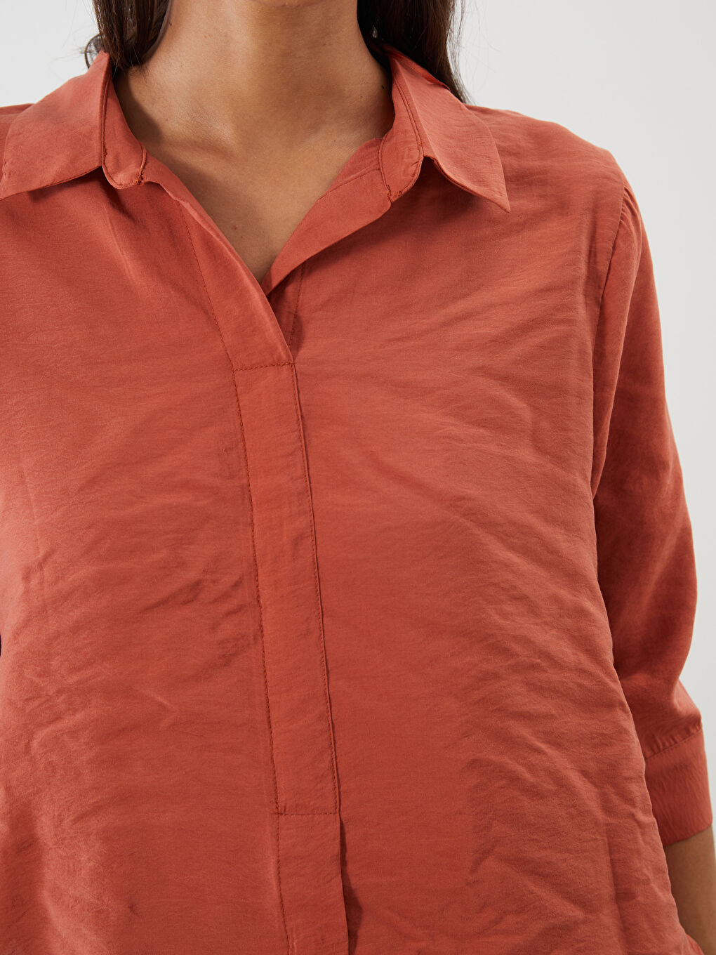 Kahverengi Gömlek Yaka Modal Karışımlı Bluz-2