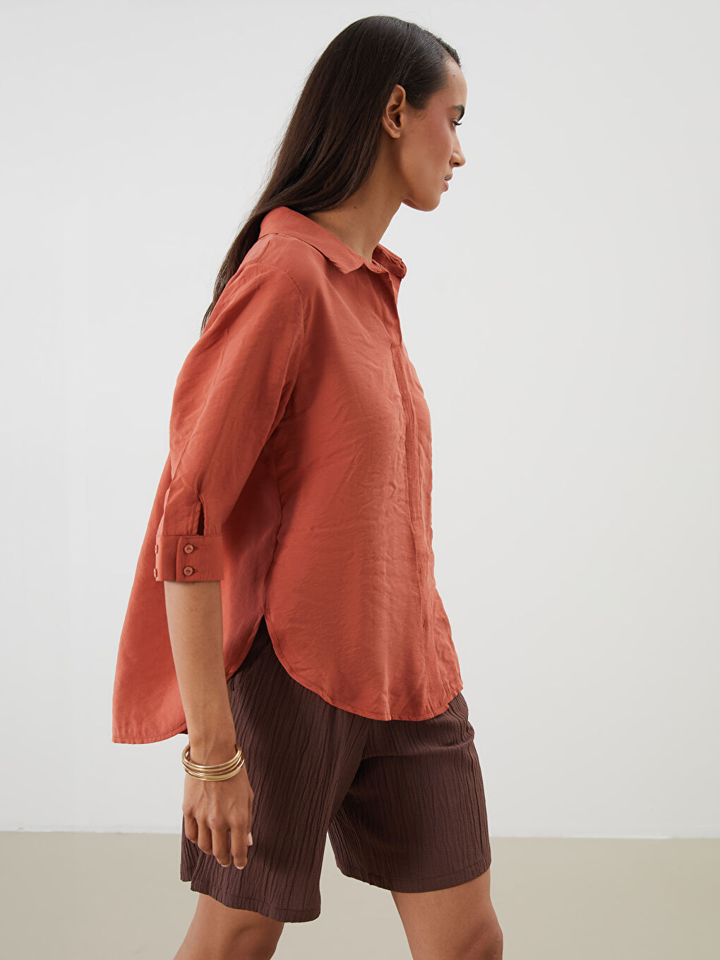 Kahverengi Gömlek Yaka Modal Karışımlı Bluz-3