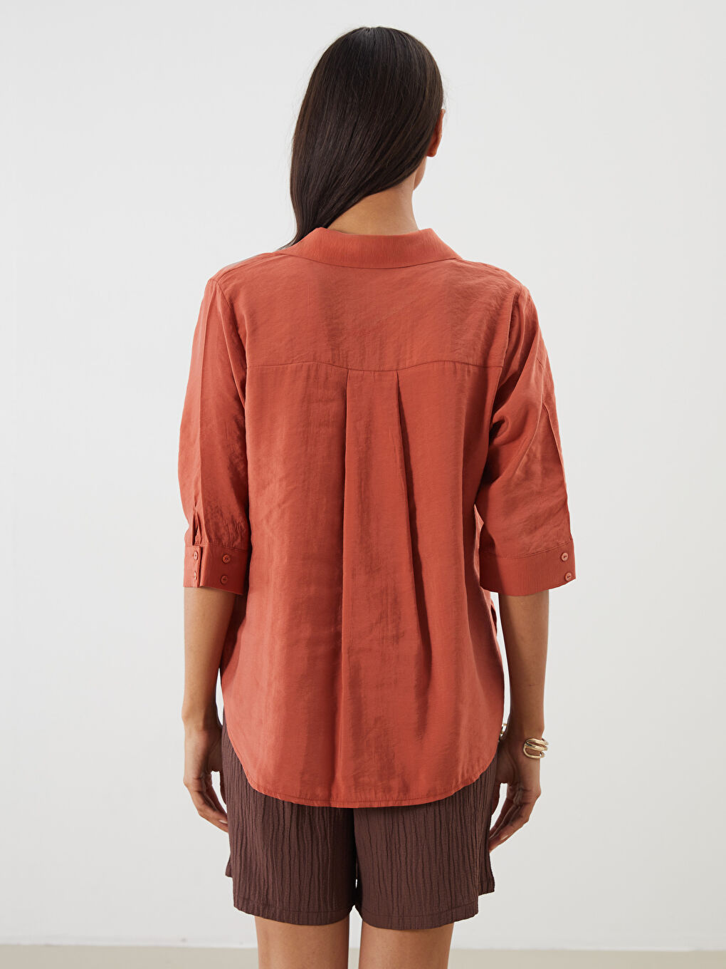 Kahverengi Gömlek Yaka Modal Karışımlı Bluz-4