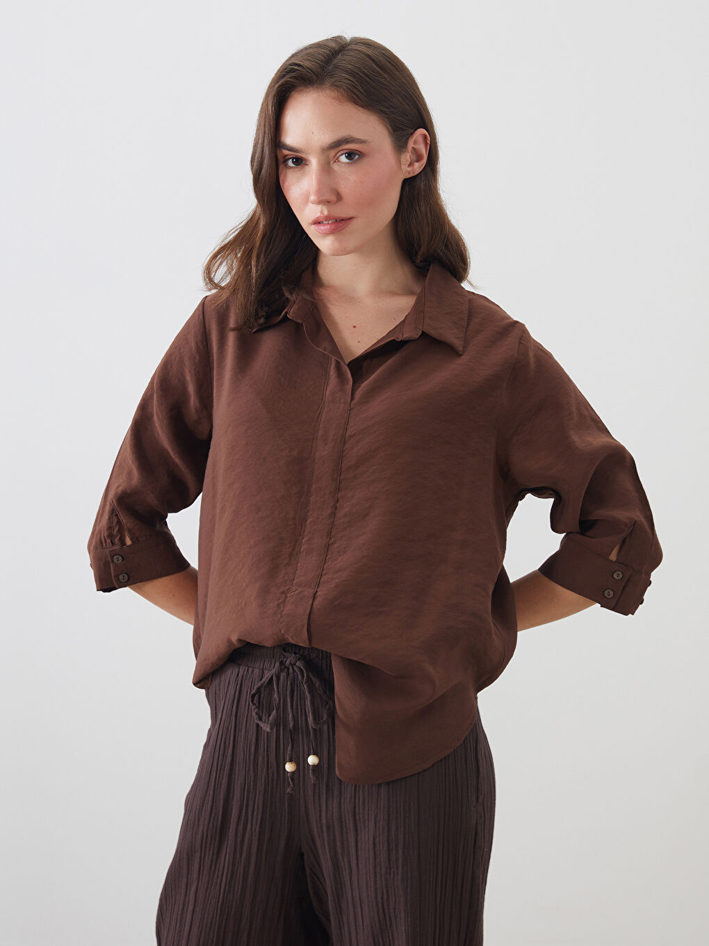 Kahverengi Gömlek Yaka Modal Karışımlı Bluz