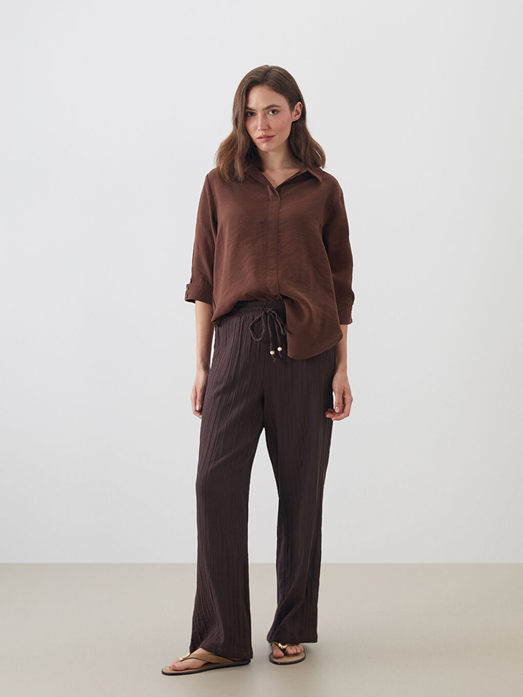 Kahverengi Gömlek Yaka Modal Karışımlı Bluz-1