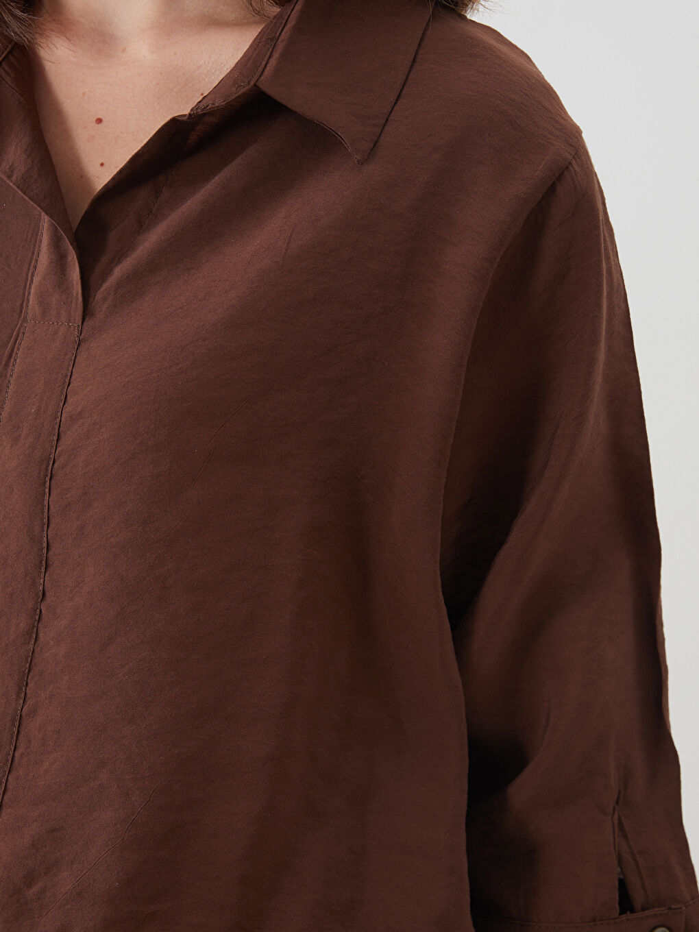 Kahverengi Gömlek Yaka Modal Karışımlı Bluz-2