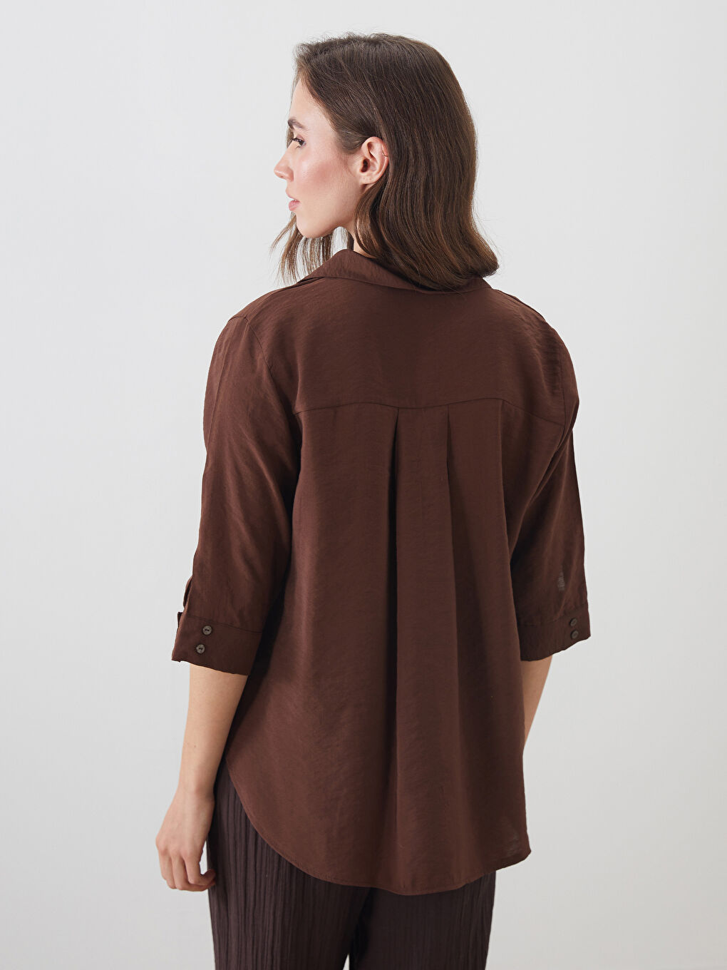 Kahverengi Gömlek Yaka Modal Karışımlı Bluz-3