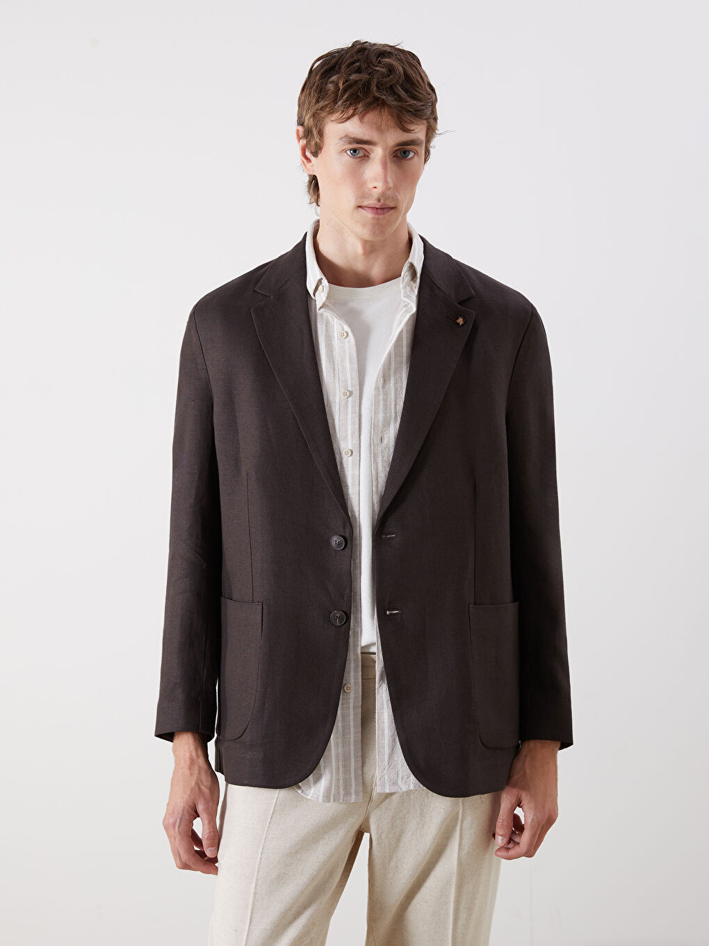 Kahverengi Standart Kalıp Erkek %100 Keten Blazer Ceket