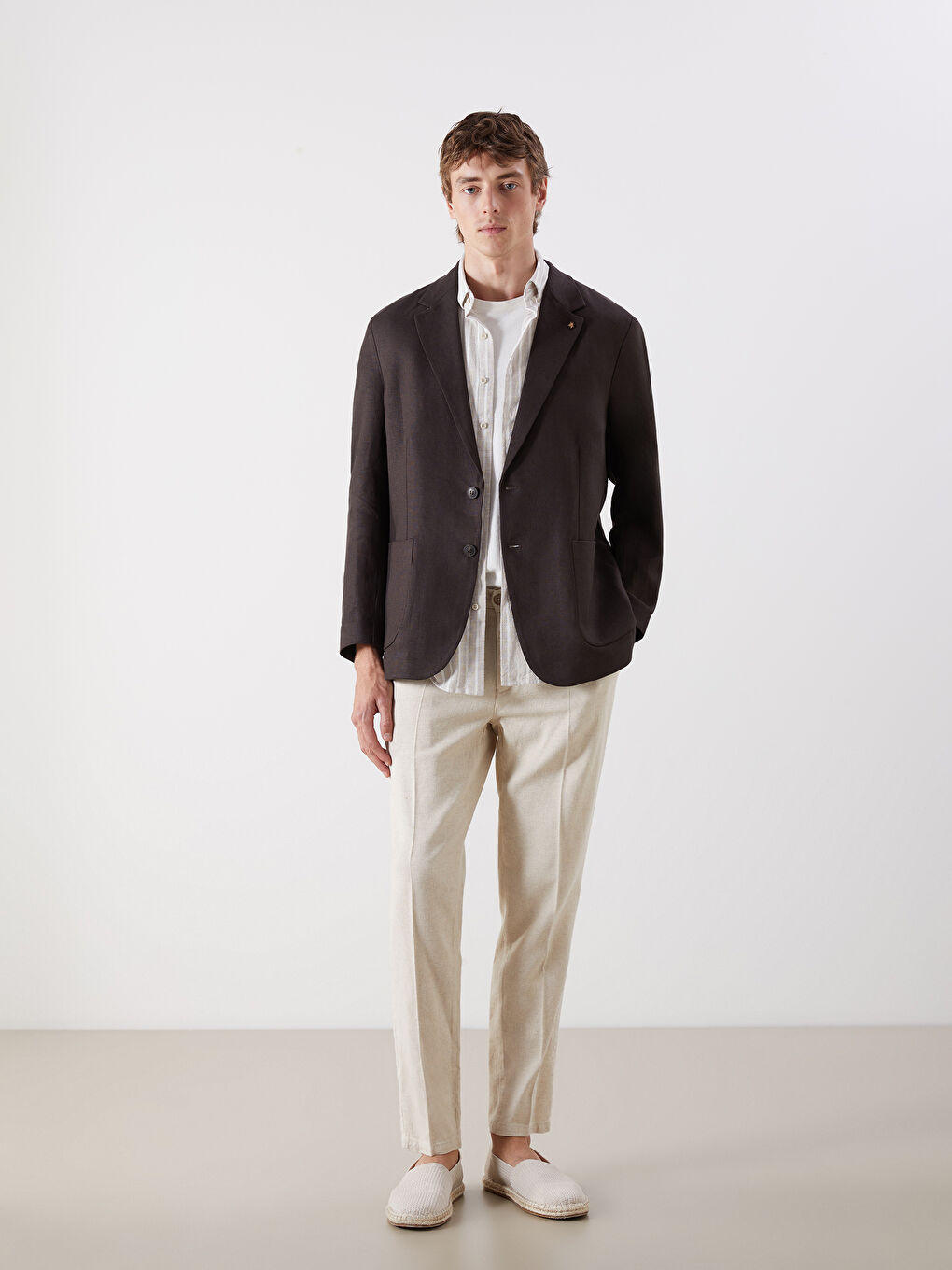 Kahverengi Standart Kalıp Erkek %100 Keten Blazer Ceket-1