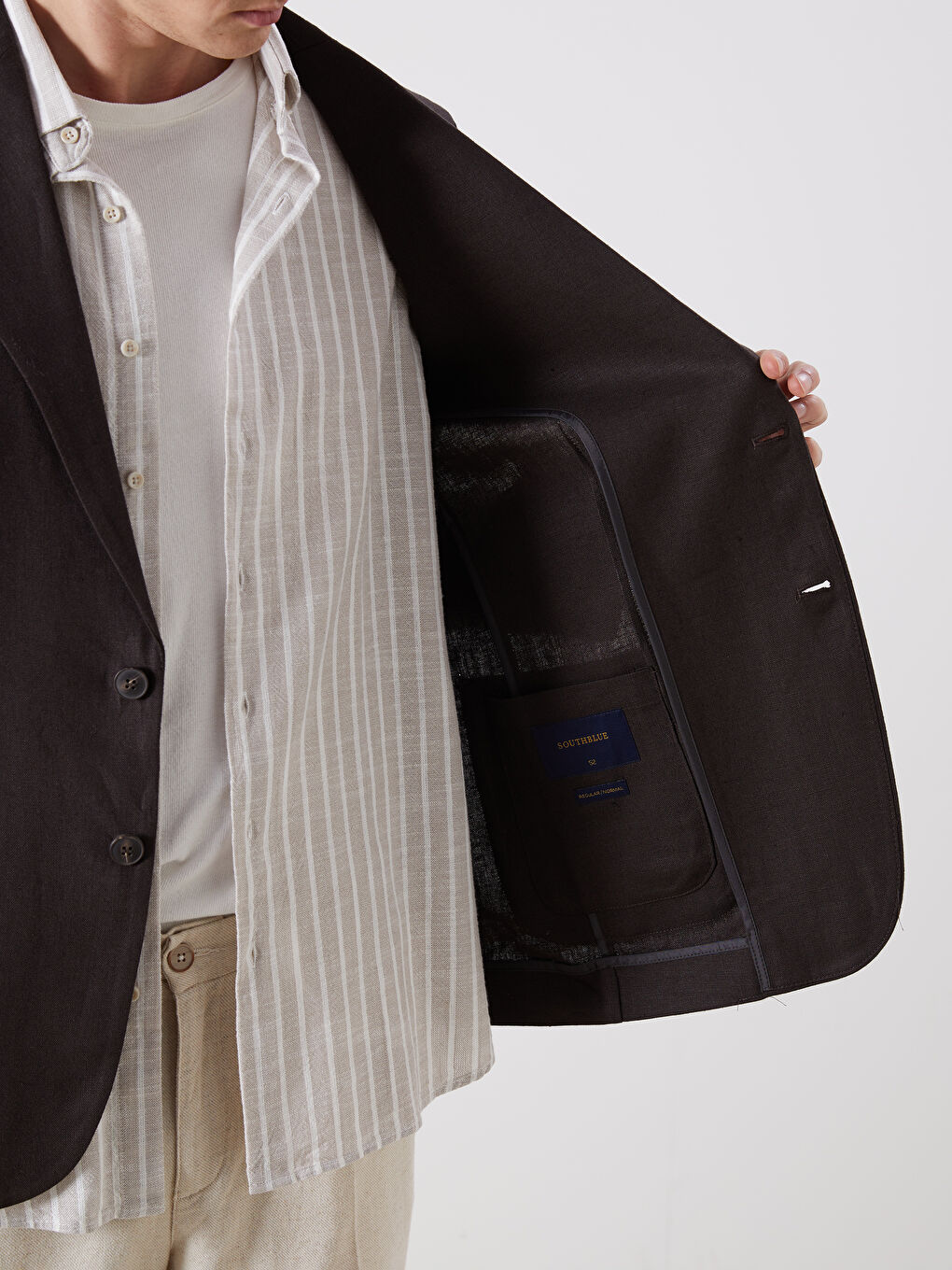 Kahverengi Standart Kalıp Erkek %100 Keten Blazer Ceket-3