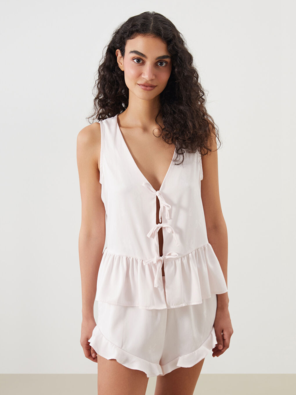V Neck Satin Women's Shortie Pyjama Set -S5QM39Z8-LSZ