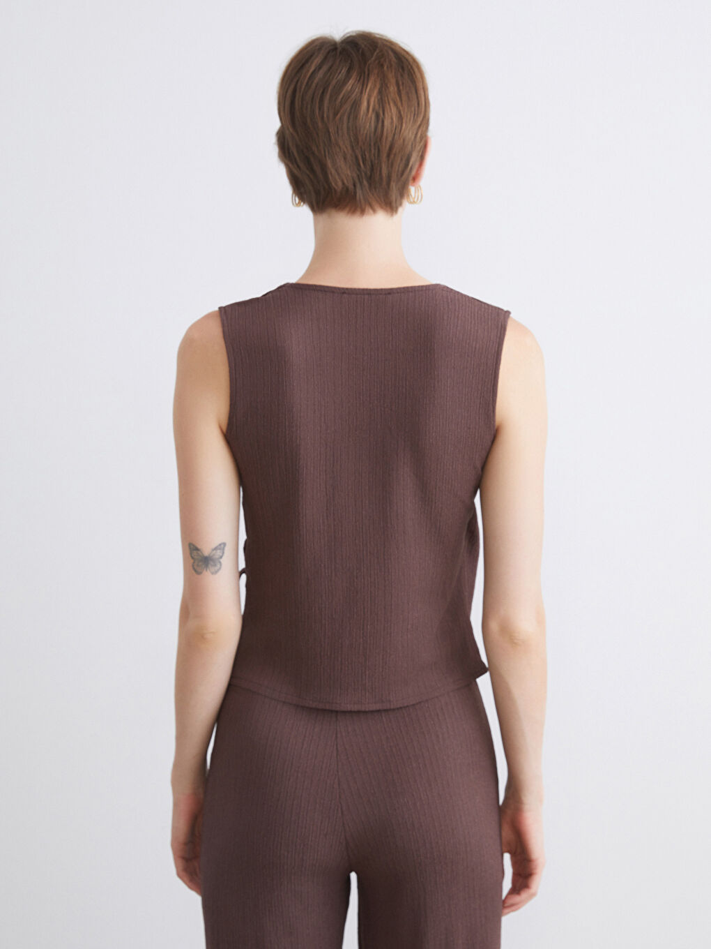 Kahverengi Kruvaze Yaka Dokulu Bluz-3