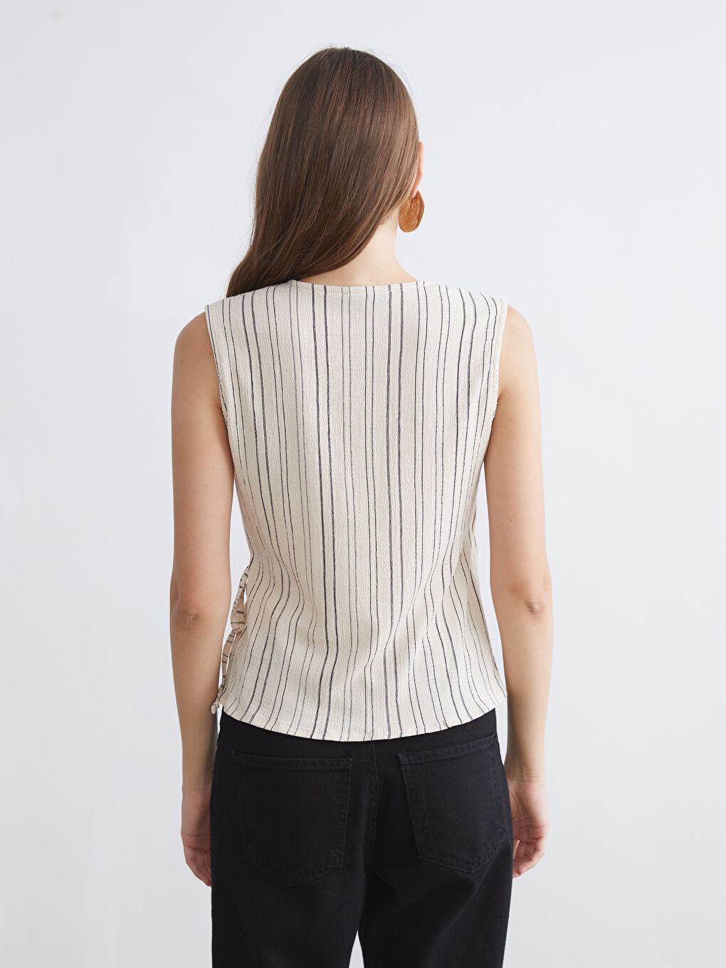 Ekru Kruvaze Yaka Çizgili Bluz-3