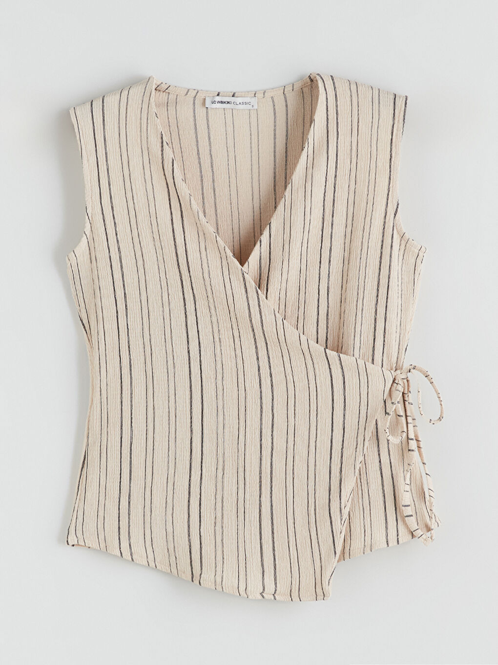 Ekru Kruvaze Yaka Çizgili Bluz-4