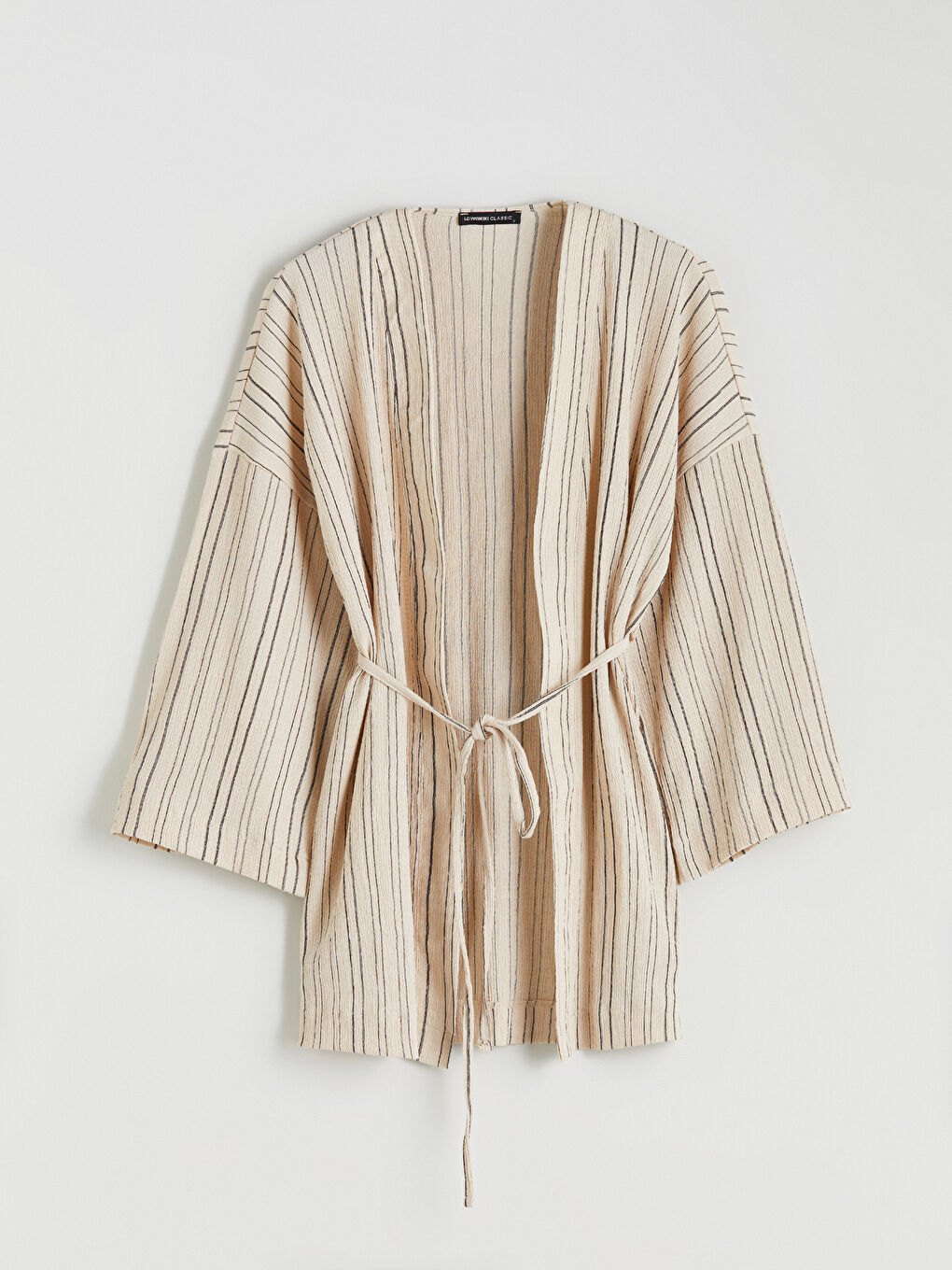 Ekru Şal Yaka Çizgili Oversize Kadın Hırka-4