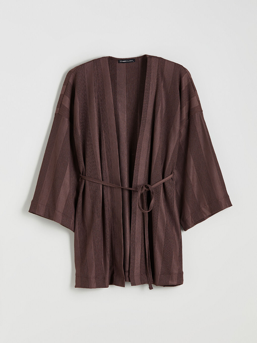 Kahverengi Şal Yaka Çizgili Oversize Kadın Kimono-4