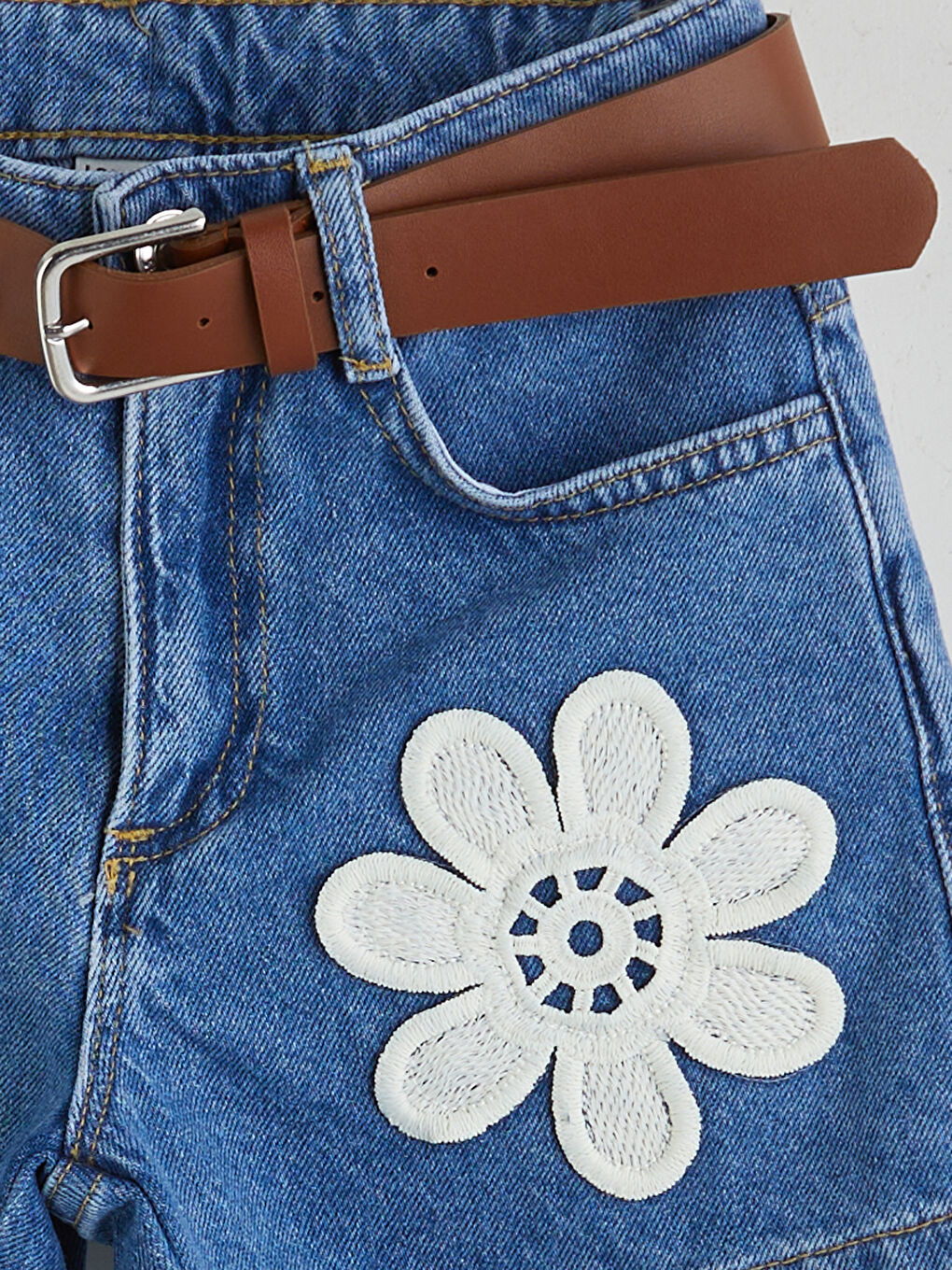 İndigo Çiçekli Kız Çocuk Jean Şort-2