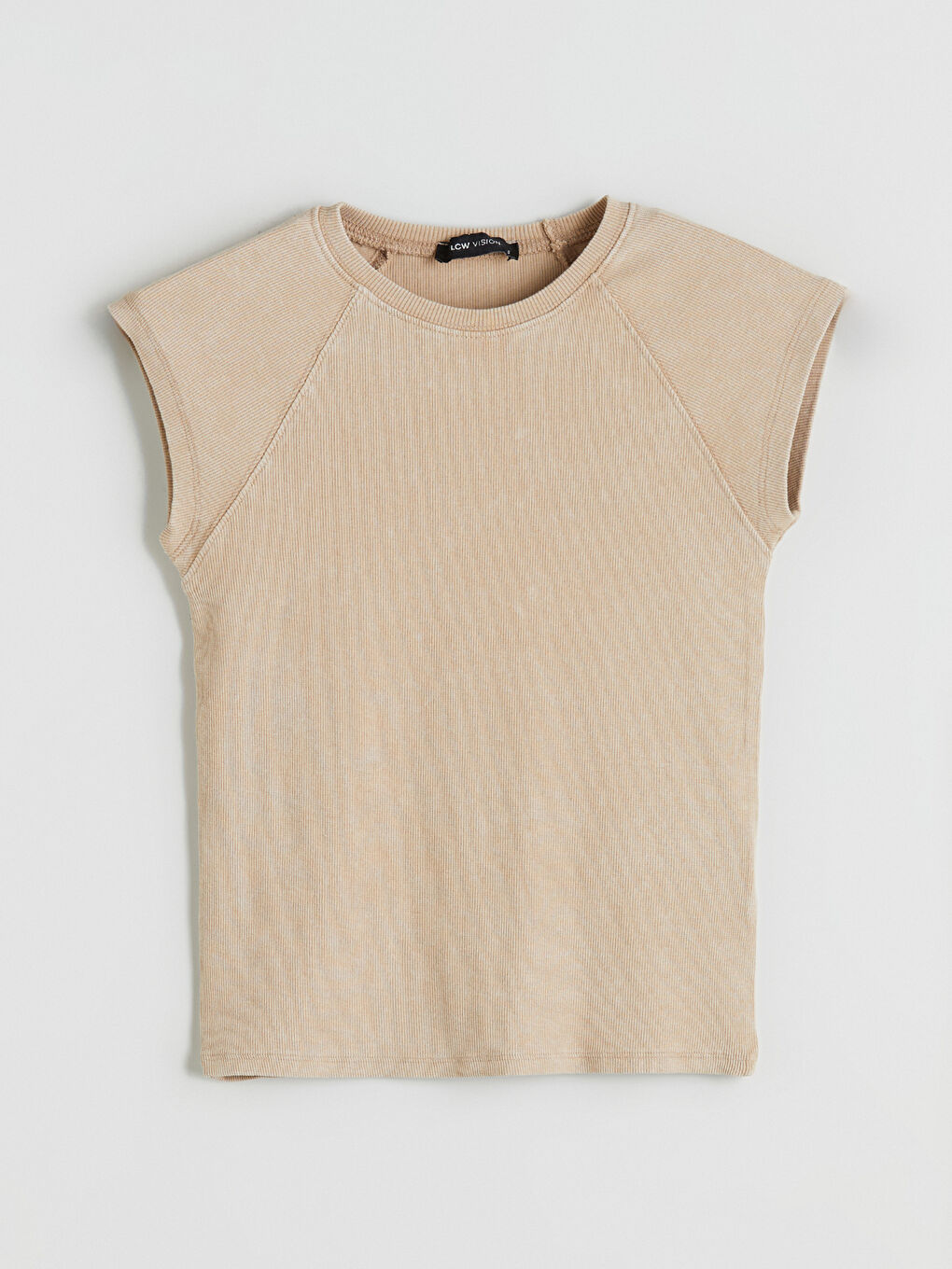 Bej Bisiklet Yaka Kadın Tişört-4