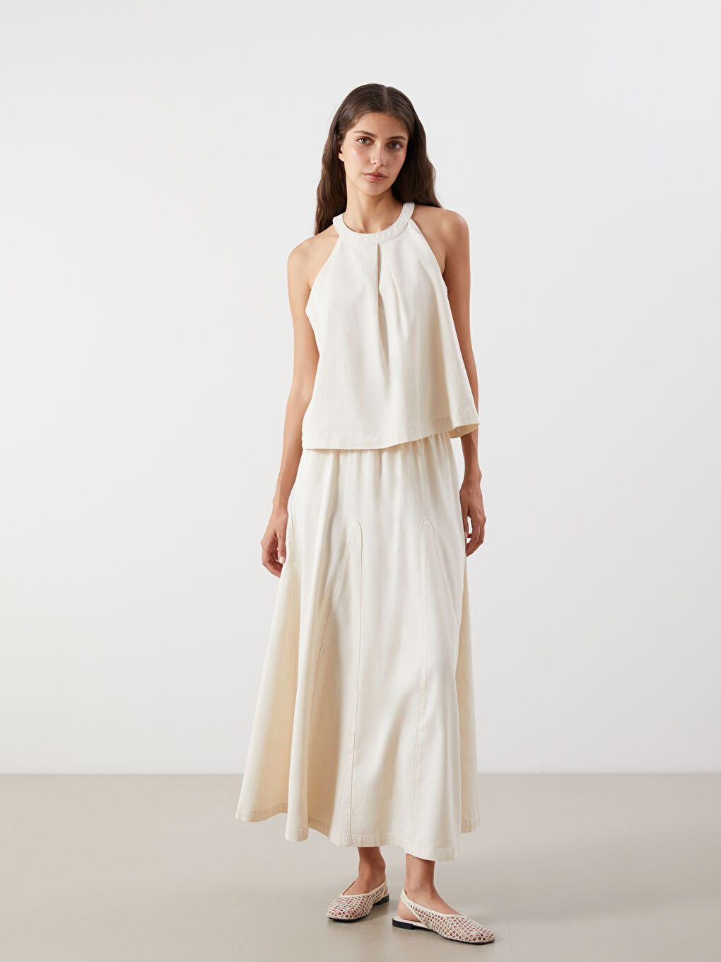 Ekru Beli Lastikli Kadın Jean Etek