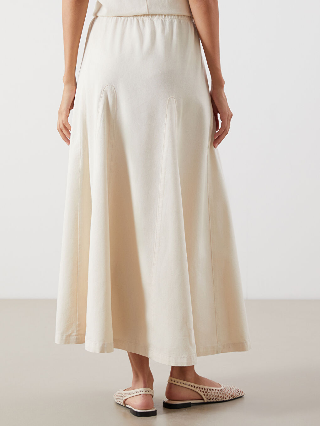 Ekru Beli Lastikli Kadın Jean Etek-3