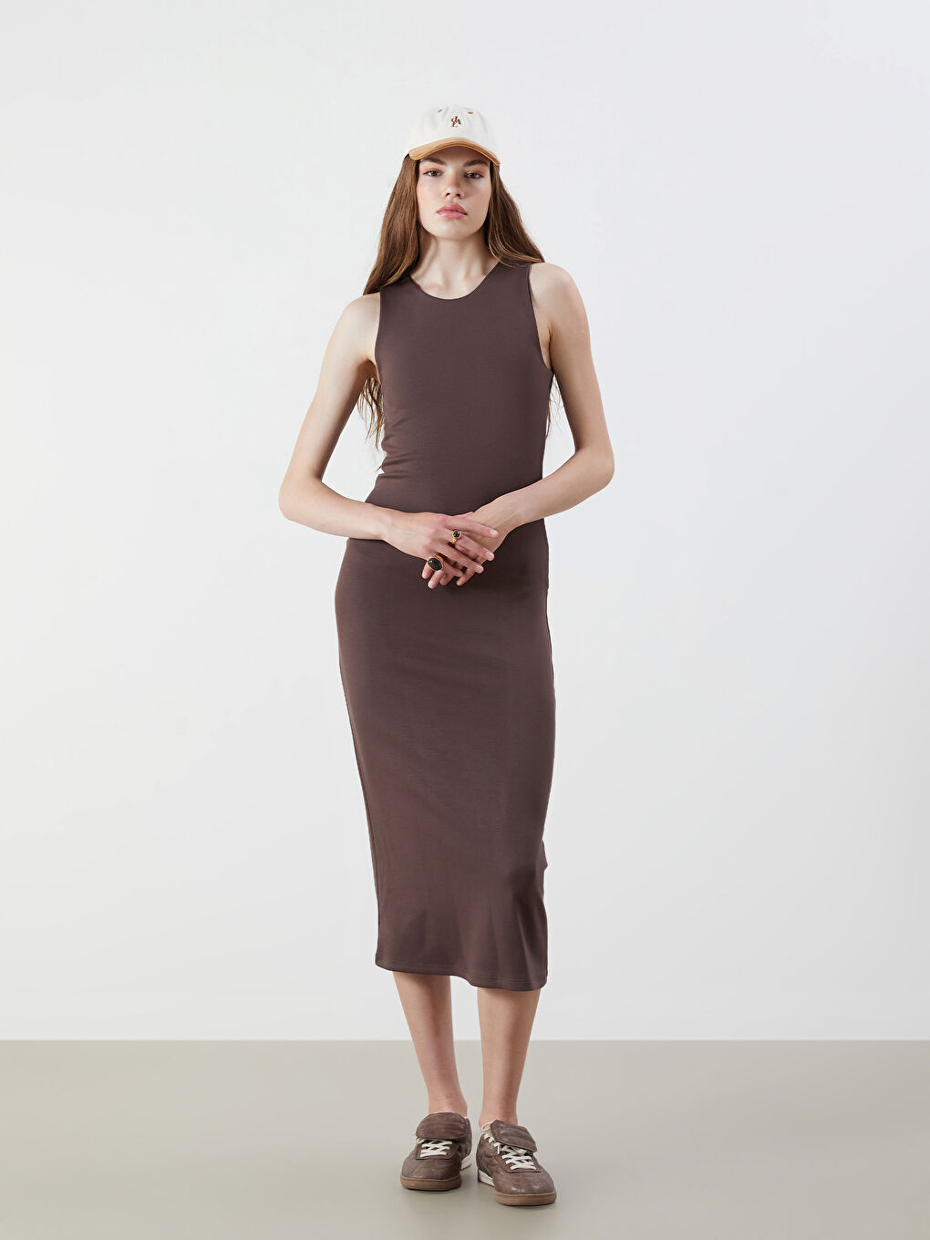 Kahverengi Bisiklet Yaka Bodycon Elbise