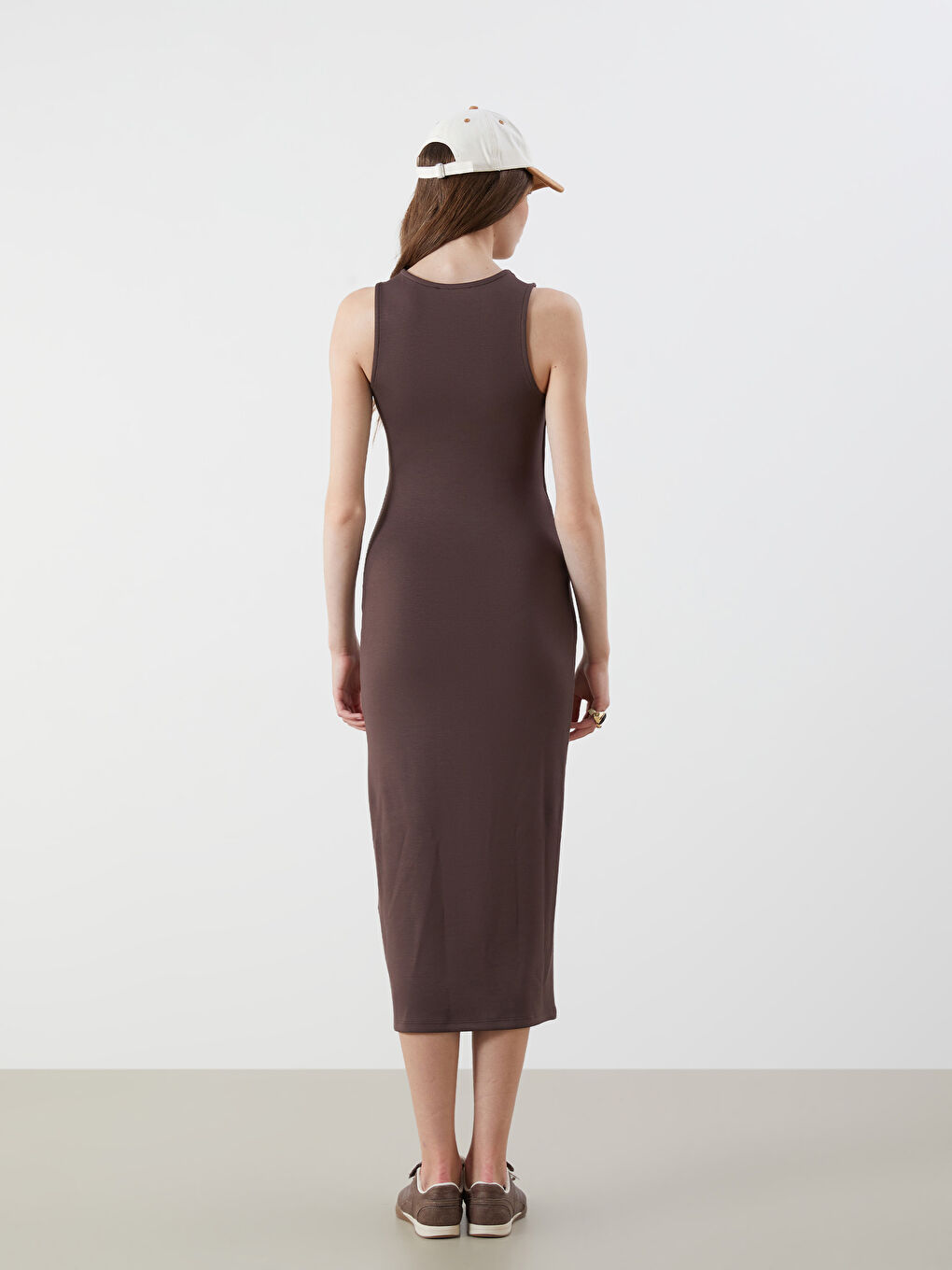 Kahverengi Bisiklet Yaka Bodycon Elbise-3