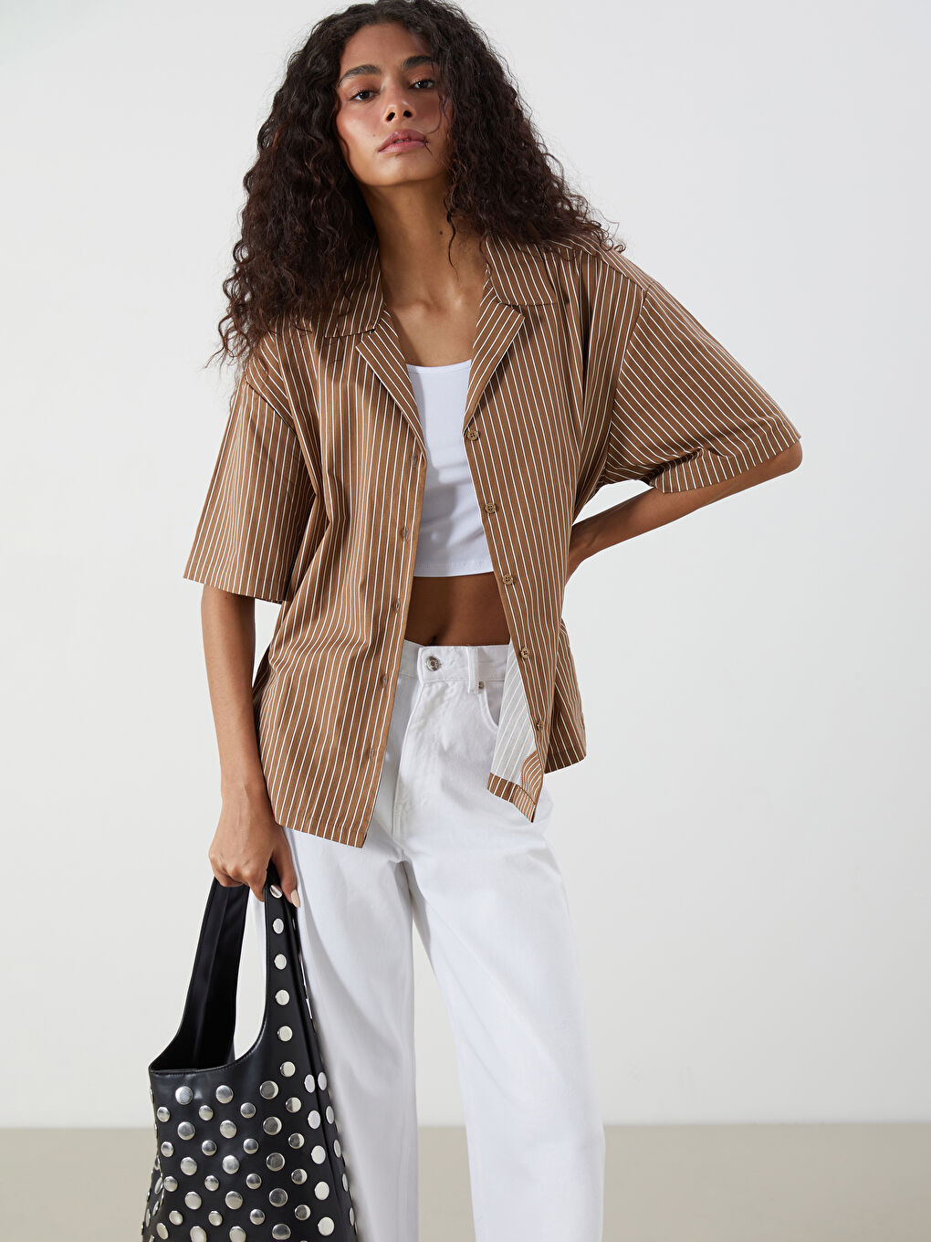 Kahverengi Çizgili Oversize Kadın Gömlek