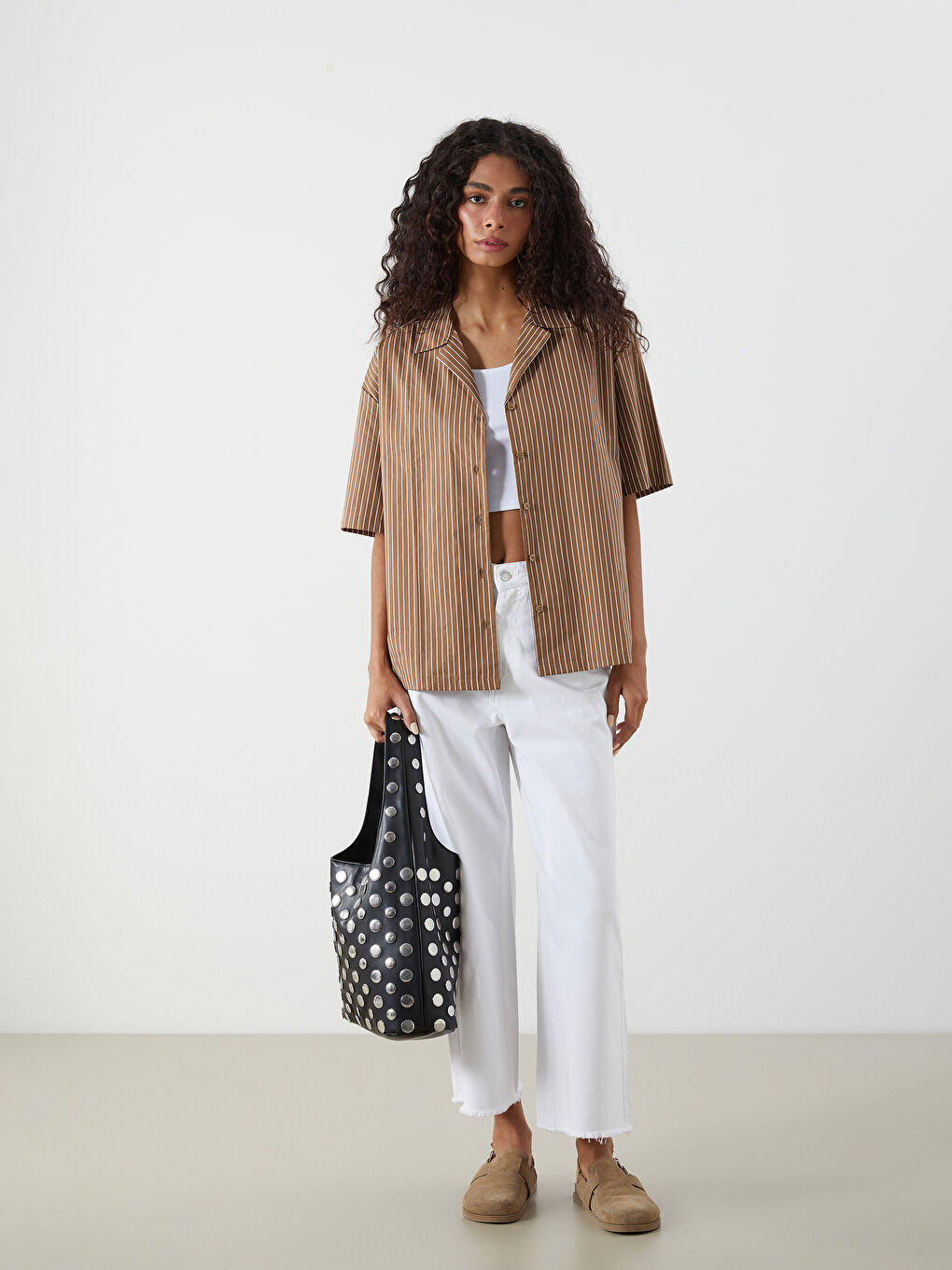 Kahverengi Çizgili Oversize Kadın Gömlek-1