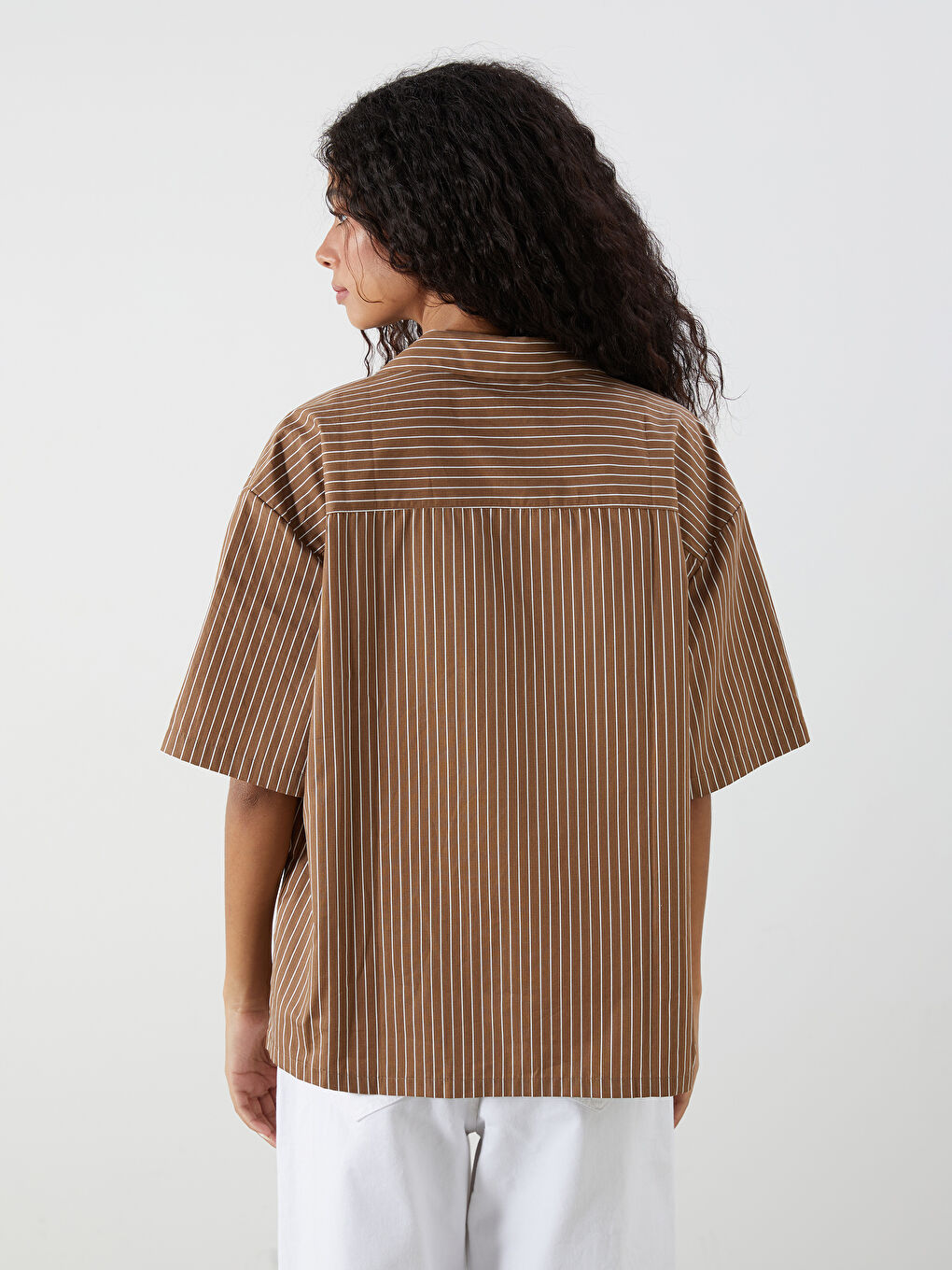 Kahverengi Çizgili Oversize Kadın Gömlek-3