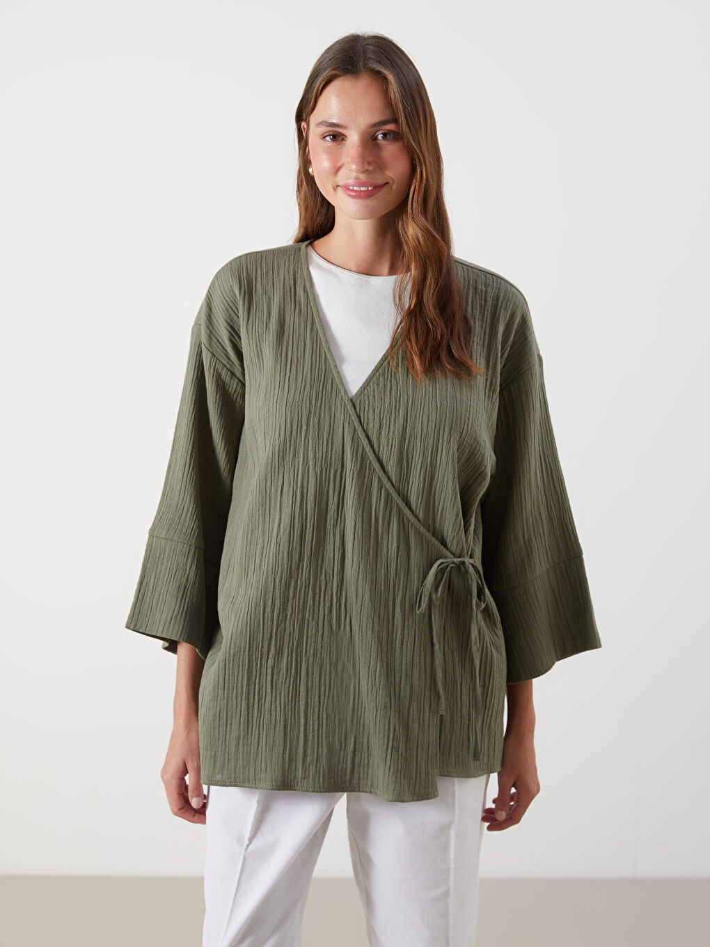 Double Breasted Textured Women's Kimono -S5QO37Z8-Z1B