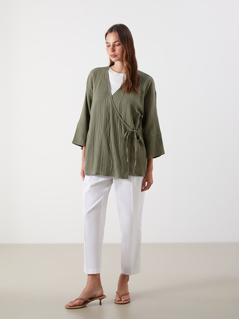 Double Breasted Textured Women's Kimono -S5QO37Z8-Z1B