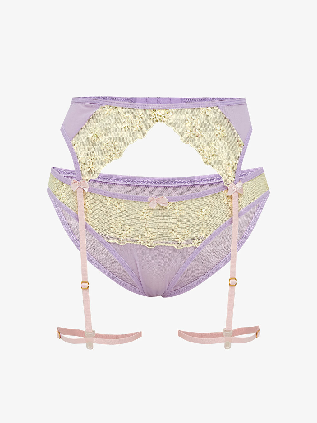 Sarı Dantelli Brazilian Külot ve Jartiyer Kemeri-1