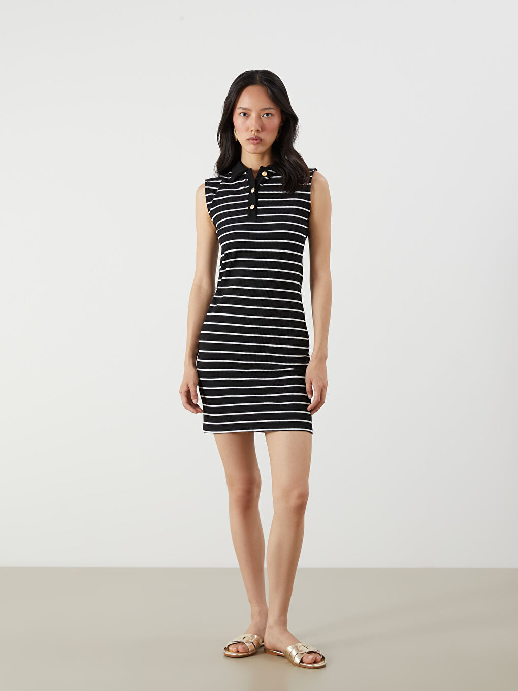 Siyah Polo Yaka Çizgili Mini Elbise-1
