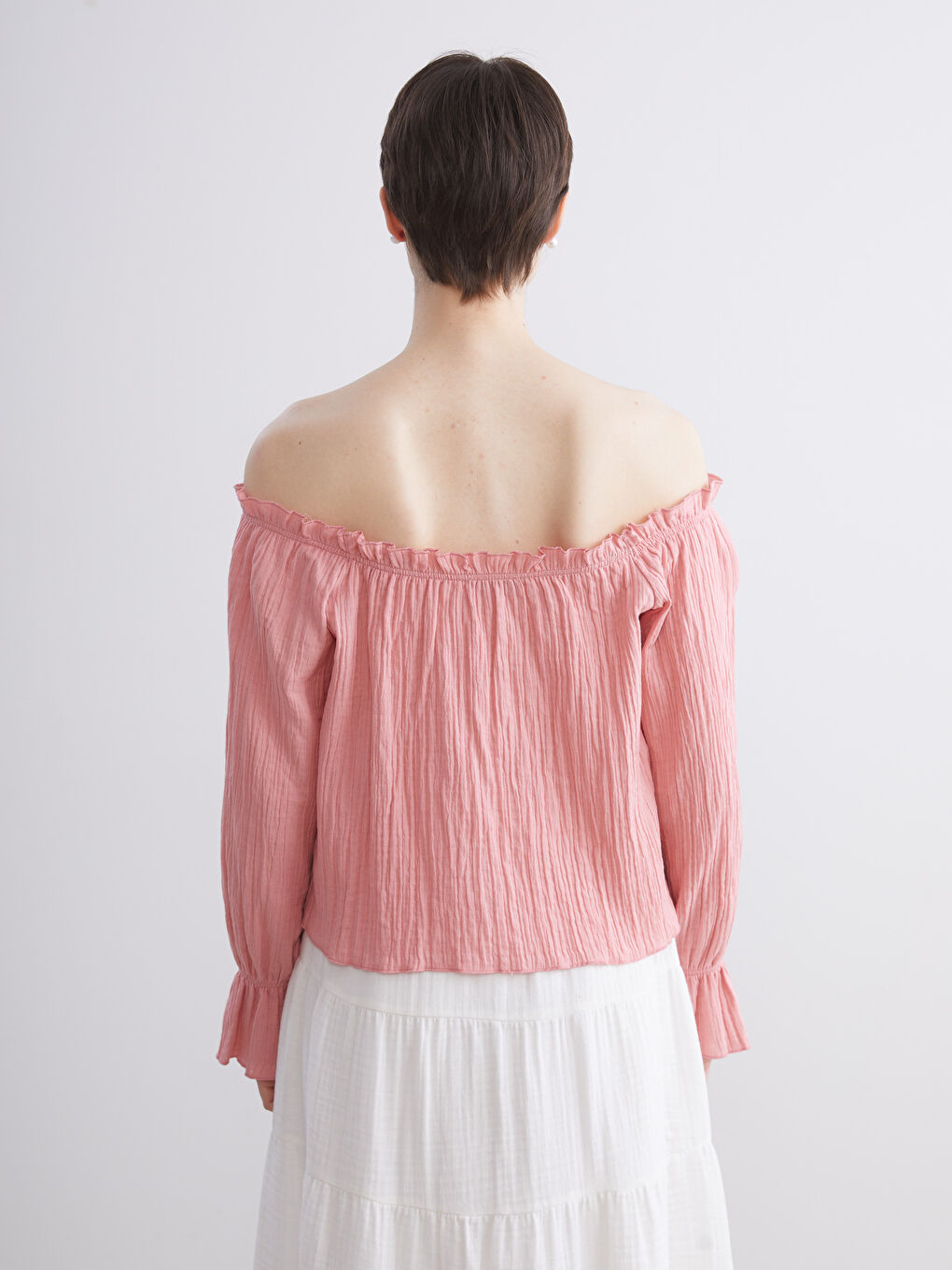 Pembe Bağlamalı Yaka Dokulu Oversize Müslin Bluz-6