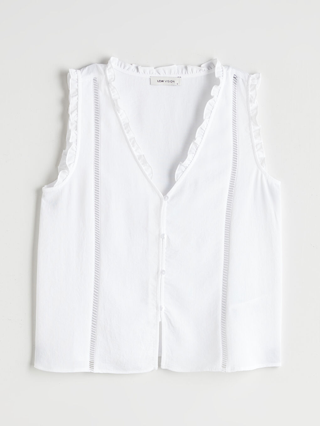 Beyaz V Yaka Fırfırlı Bluz-4