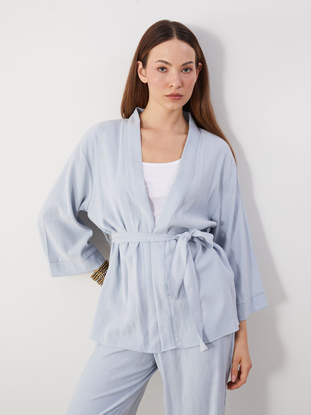 Mavi Şal Yaka Keten Karışımlı Oversize Kadın Kimono